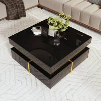 Table basse carrée brillante avec tiroirs, éclairage LED et accents dorés, table d'appoint pour salon 3