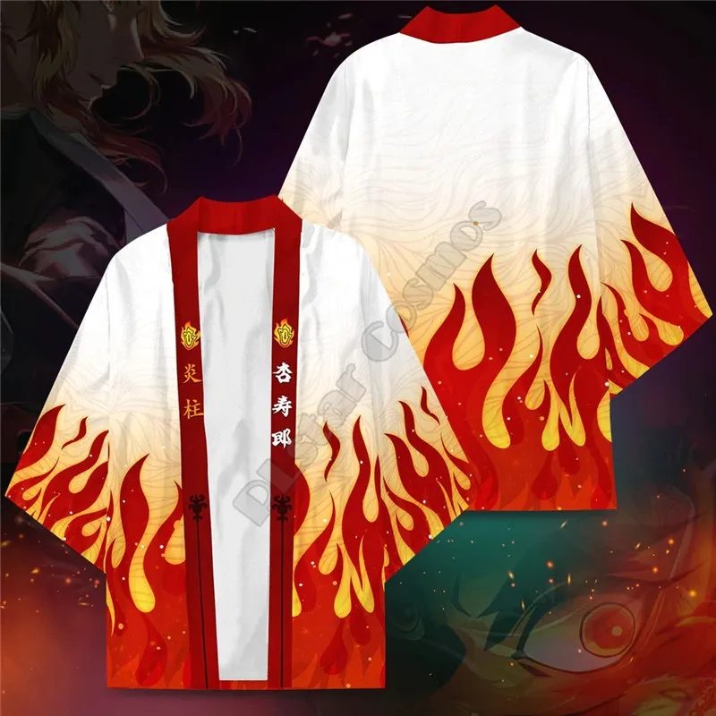 Demon Slayer Summer Kyojuro Fire 3D Printed Women For Men Kimono Cardigan Cosplay Kawaii Soft Japan Clothes Unisex Kimono Shirt plus size demon slayer set 2022 summer loose japanese streetwear cardigan men harajuku kimono suit pants design shirts yukata