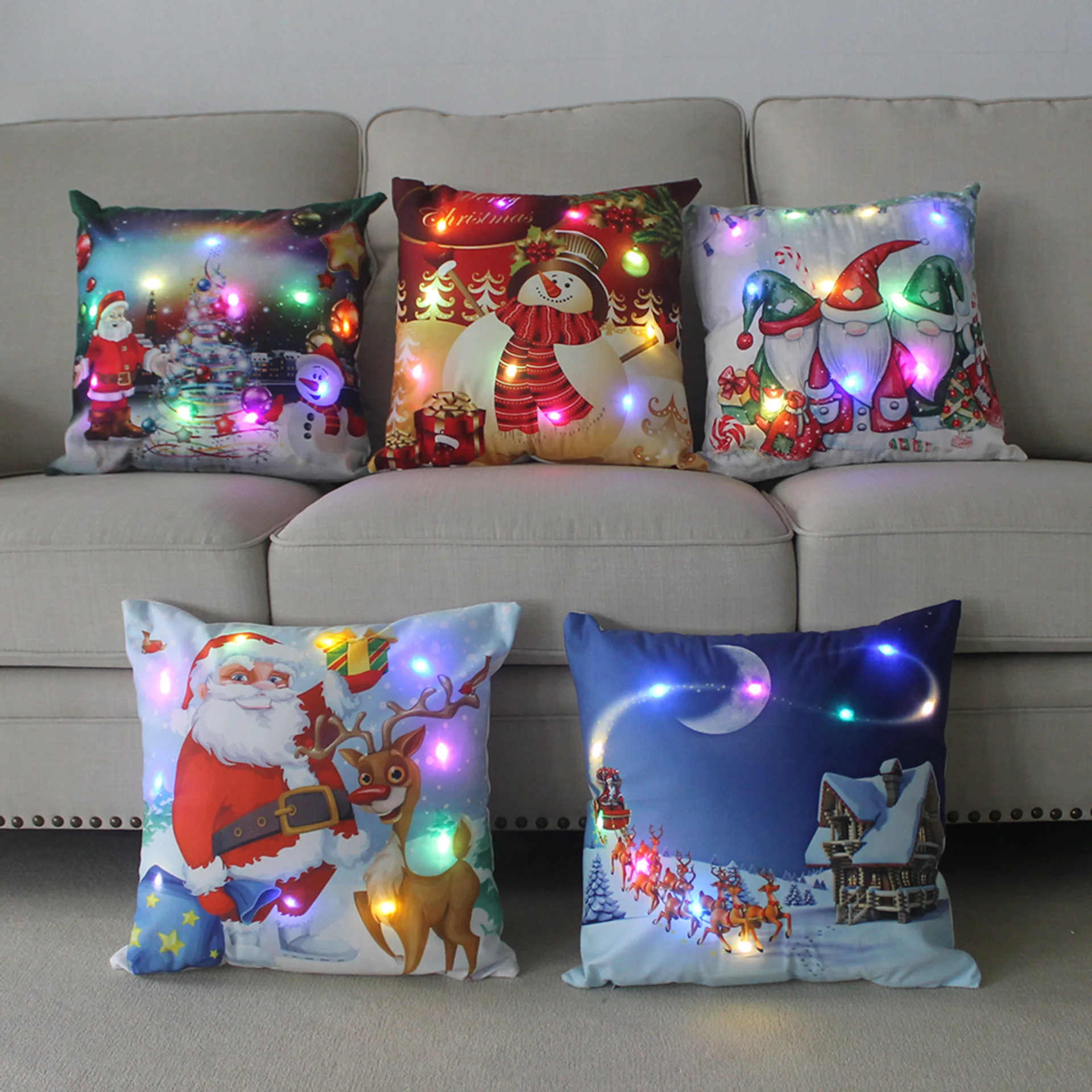 

LED Pillowcase Christmas Decorations Indoor 18x18 Inch Glowing with Lights Cartoon Santa Snowman