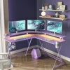 Gaming Desk 50.4” with LED Light & Power Outlets, L-Shaped Gaming Desk  with Monitor Stand, Ergonomic Gamer Table, Purple 2