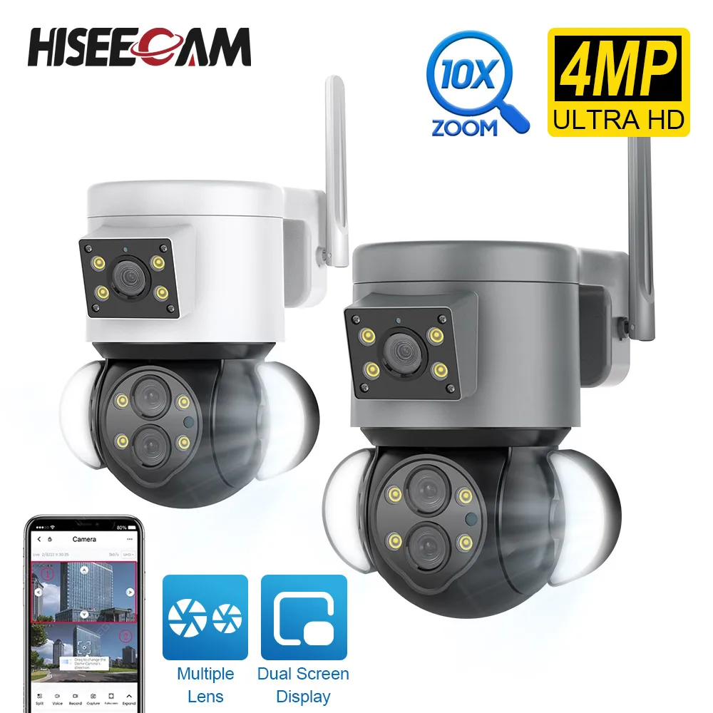 

4MP Dual-Lens IP Camera WiFi Outdoor PTZSecurity CCTV Protection Wireless Camera 4X Digital Zoom Motion Tracking LED Floodlight