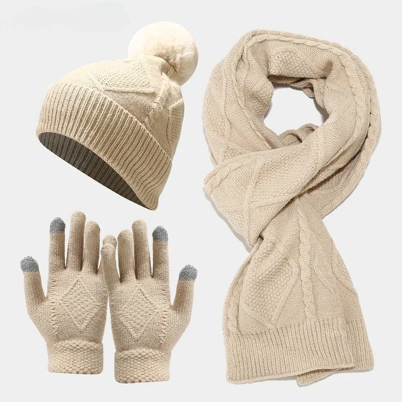 

Womens Scarf Sets Winter Hat Scarf Gloves Knitted Keep Warm Scarves Simple Solid Color Clothes Accessories Thick Soft Scarf Set