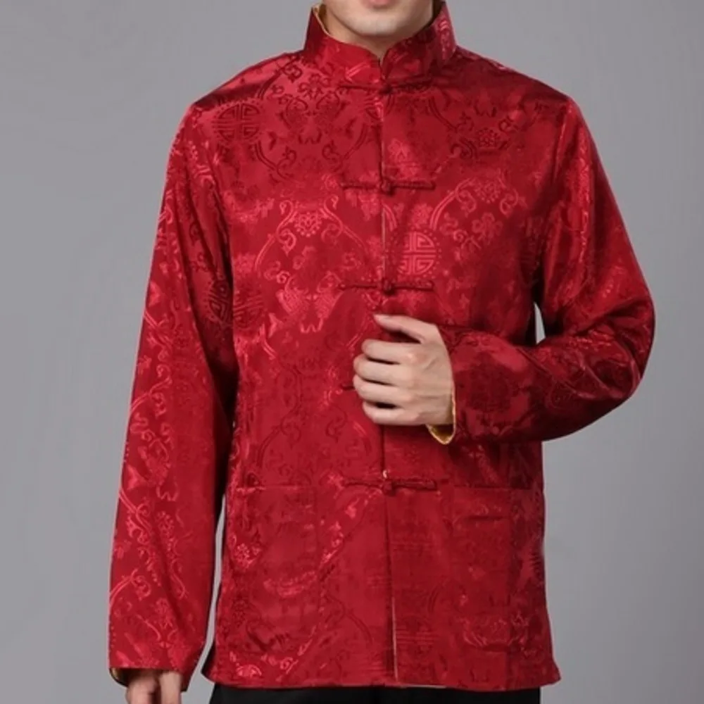 Mens Red Gold Black Blue Colors Traditional Chinese Clothing Chinese Traditional Wear Long Sleeve Two Sided Mens Shirts For Men