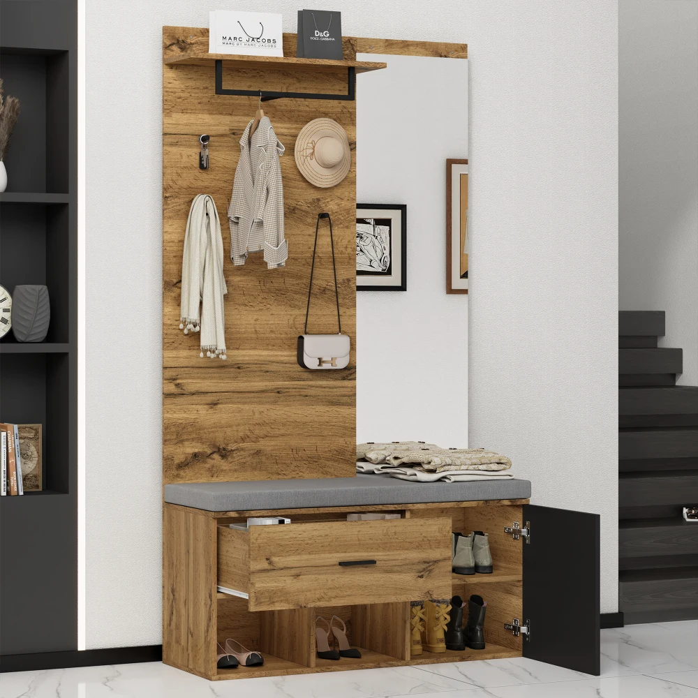 190 cm Hoher Holzkleiderschrank-Set mit Spiegel, Schuhbank (104 x 39 cm) mit Polsterung, Schuhschrank, Schublade, Regal, Kleiderhaken – Detail 5