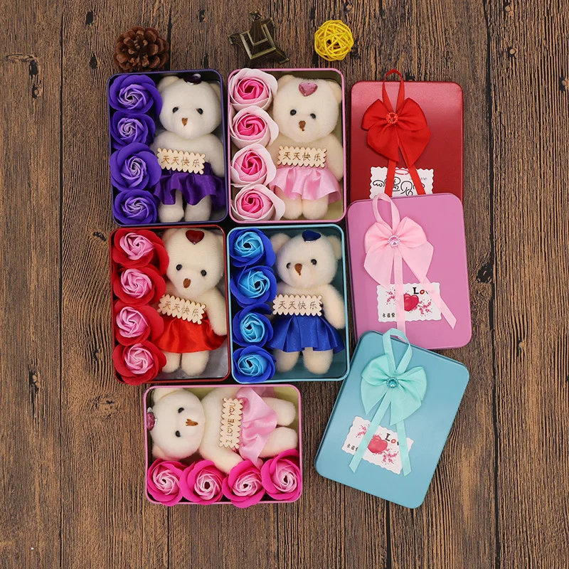 

New Valentine's Day Creative Gifts Box Cartoon Cute Bear Plush Doll Soap Flower Case Christmas Mother's Day Roses Best Gifts