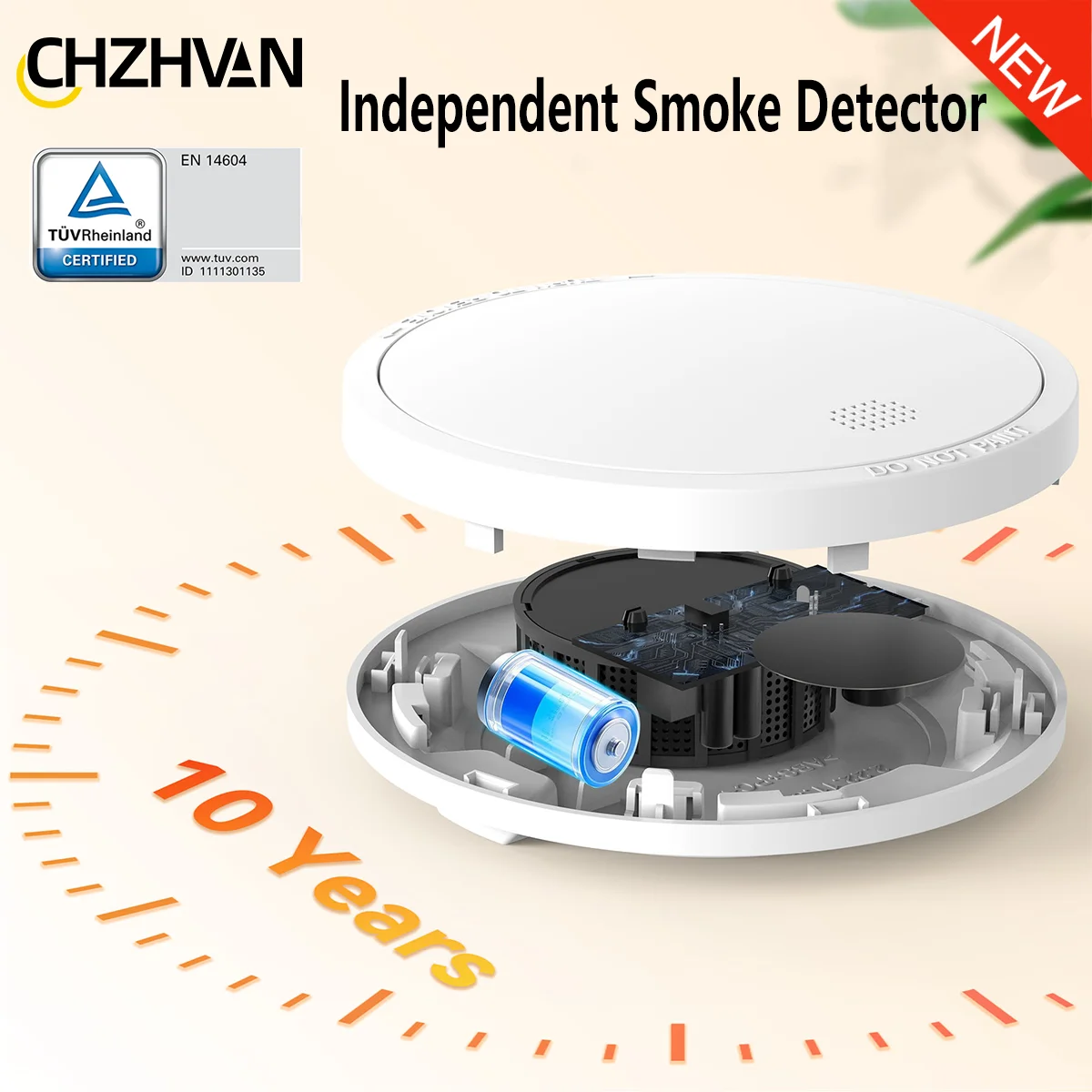เครื่องตรวจจับควัน CHZHVAN แบบอิสระ พร้อมแบตเตอรี่ในตัวใช้งานได้ 10 ปี สำหรับระบบป้องกันความปลอดภัยในบ้าน เครื่องตรวจจับไฟไหม้ 1