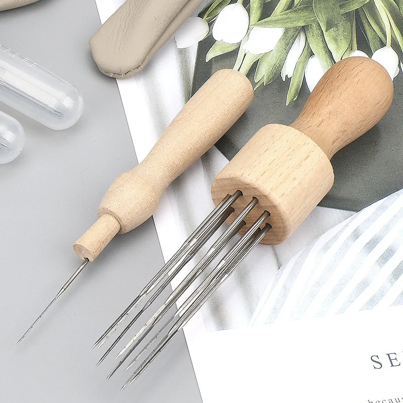 3 Styles Wool Felting Needles Tools Kit Wooden Handle Needles Finger Cot Felting Supplies Set for Beginners