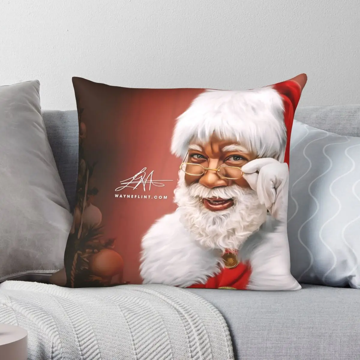 

Black Santa Square Pillowcase Polyester Linen Velvet Pattern Zip Decor Sofa Cushion Case