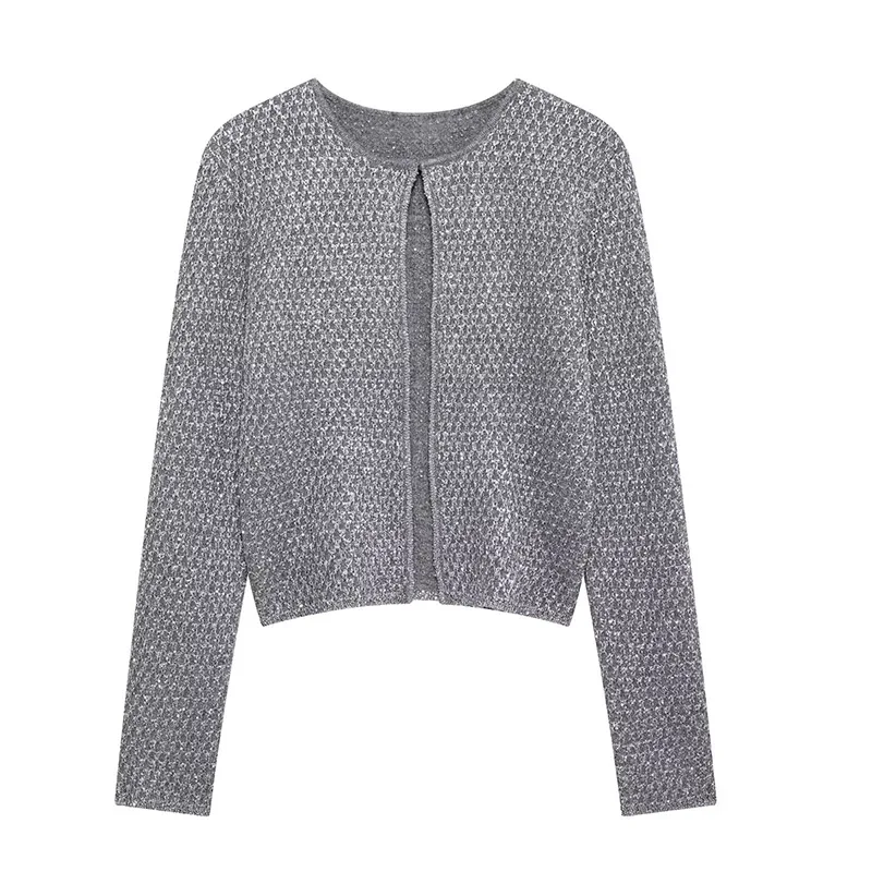 Slim Sequin O Neck Knitted Cardigan Women Long Sleeve Single Breasted One Button Sweater 2025 Spring Lady New Commute Knitwear