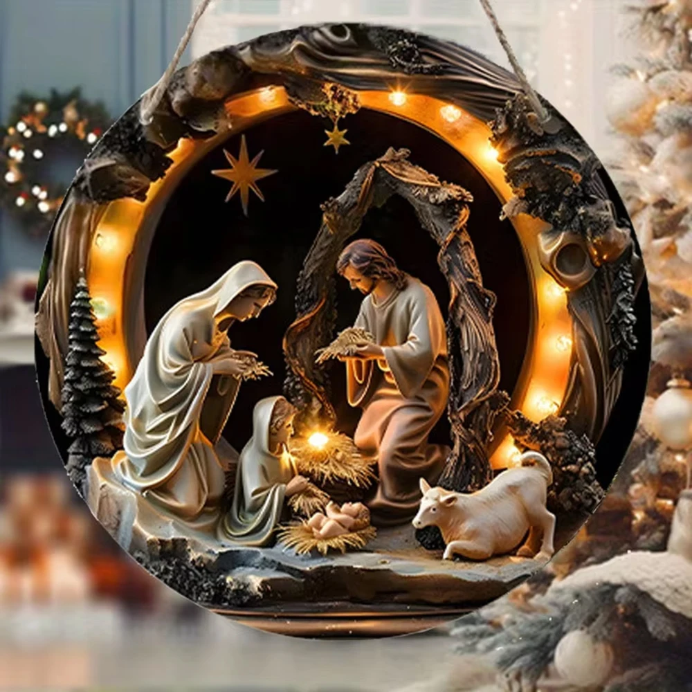 2D Holy Scene Guard Jesus Birth Acrylic Window Hanging Wreath Round Wooden Sign Window Church Front Door Porch Wall Home Decor