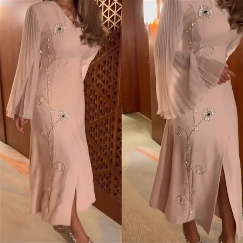 

QingHaiZhiBin Formal Occasion V-neck Flower Bead Evening Dress Women's Pleated Elegant Prom Party Gown Flare Sleeve Front Split