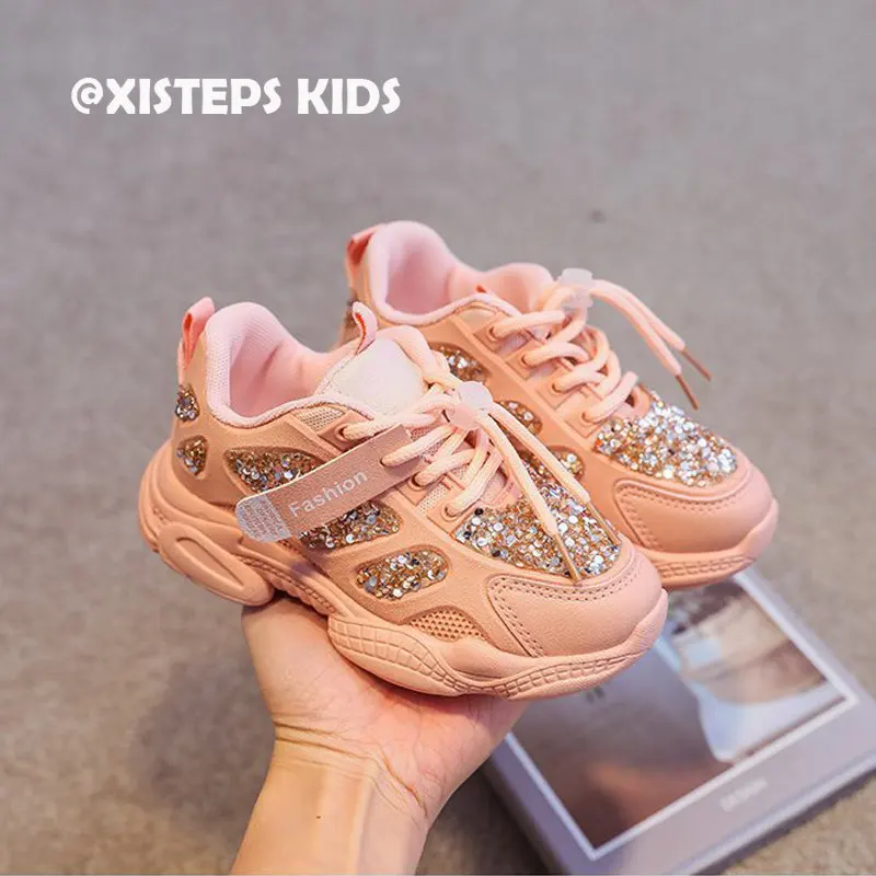 

Кроссовки XISTEPS с блестками детские, Повседневная дышащая Нескользящая спортивная обувь для отдыха, розовые, белые, 2023