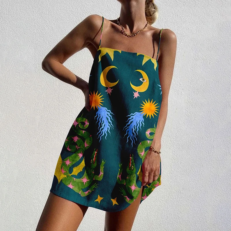 

Sleeveless Summer Vacation Mini Dresses For Women Fashion Casual Sexy Loose Ethnic Print Beach Dress Holiday Sundresses Outfits