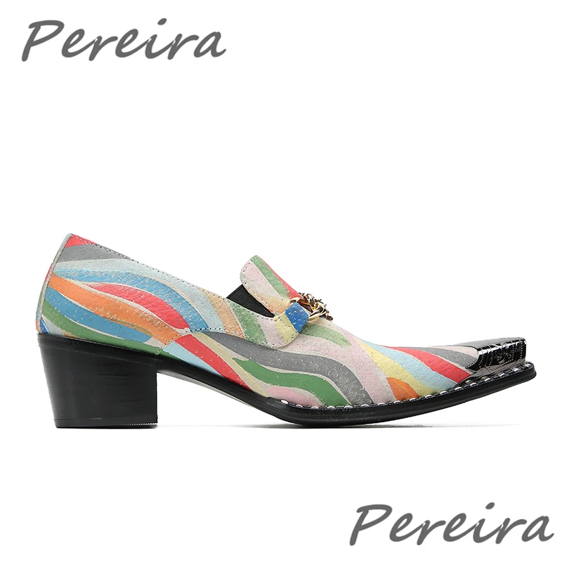 Fashion Genuine Leather Men's Shoes Colorful Stripe Rhinestone Men High Heels Metal Toe Mixed Colors Slip-On Formal Dress Shoes