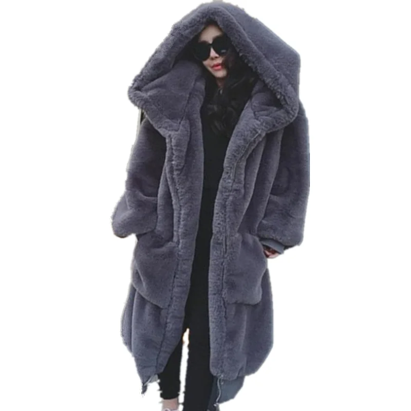 

1.6KG Fake Mink Fluffy Jacket Plush Coat Women Oversized Winter Overcoat Thick Warm Hooded Long Faux Fur Teddy