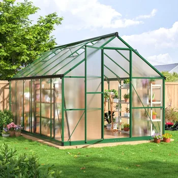 Greenhouse - 8x12 FT, Polycarbonate, Aluminum Frame, Roof Vent, Large Walk-in, Green 1