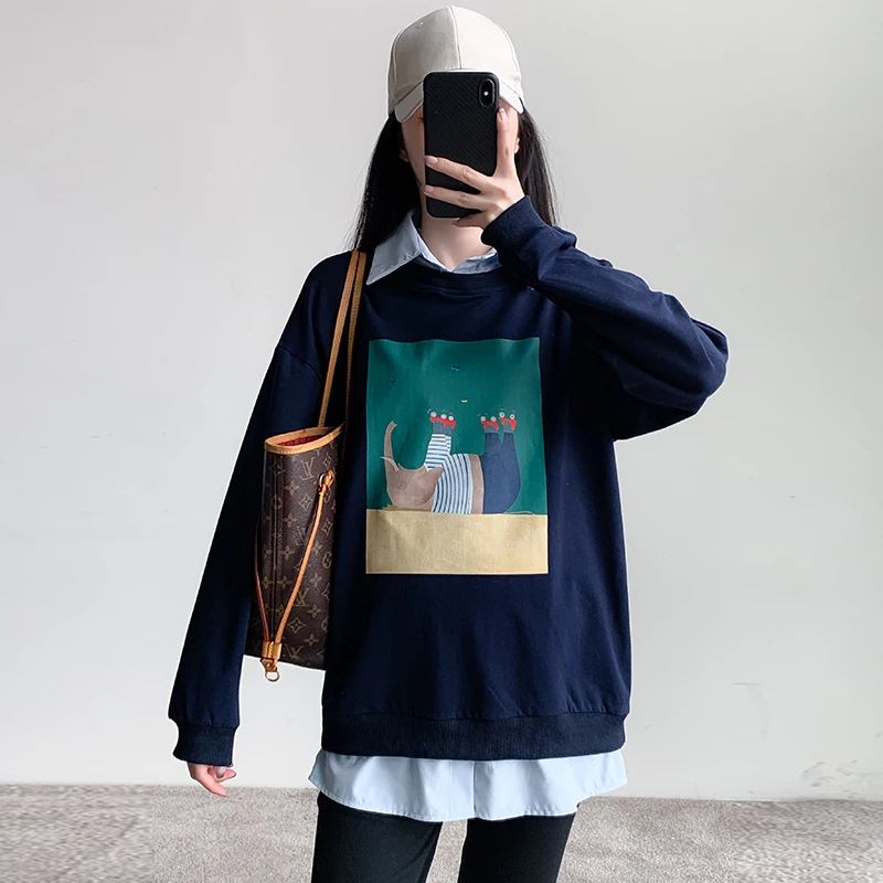 

Autumn Maternity Tops Long Sleeve Turn-down Collar Fashion Printed Patchwork Pregnant Woman Faux Two Pieces Sweatshirt Hoodies