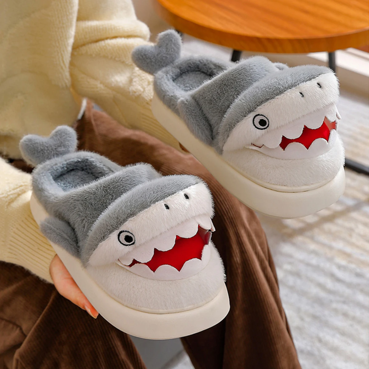 Mo Dou Cute Cartoon Shark Slippers for Women Winter Autumn Home Slippers for Men Non Slip Warm Plush Slippers for Unisex 4