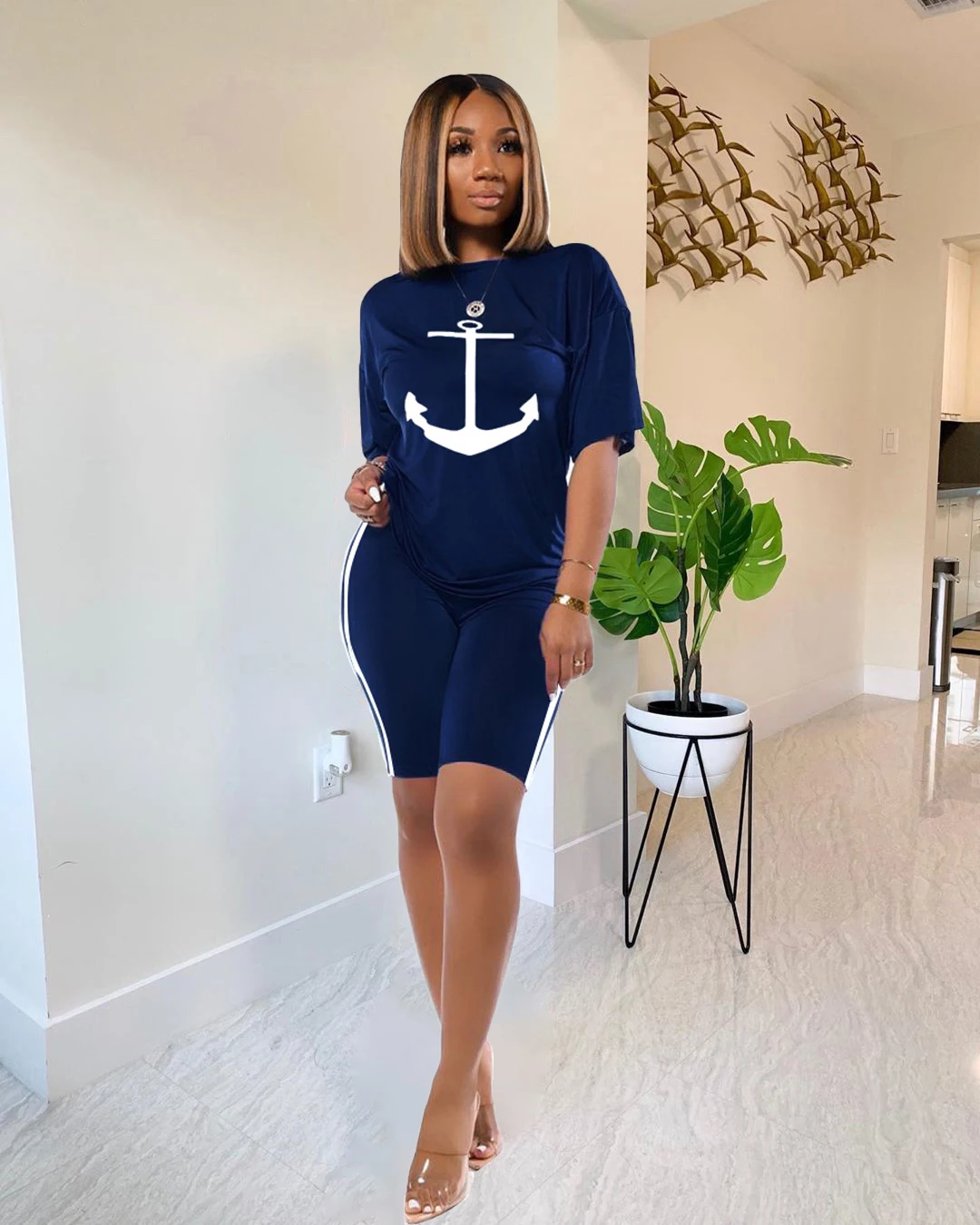 women Boat Anchor Print female two-piece short-sleeved t-shirts printed navy suits anchor two-piece shorts suit Casual  fahion