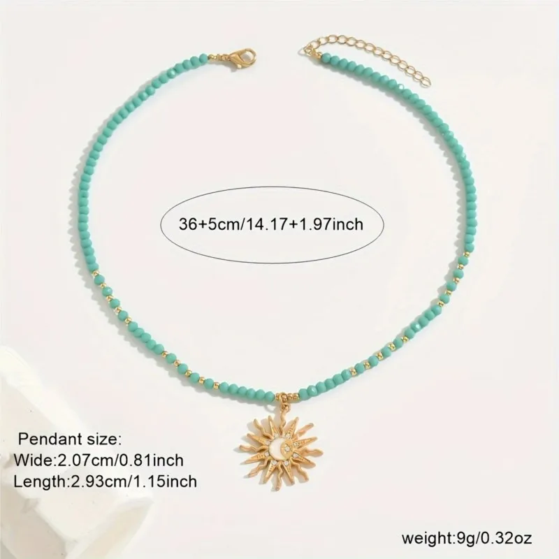 Bohemian Beads Chain Golden-Toned Sun Pendant Necklace for Women Elegant Turquoise Choker Neck Statement Party Jewelry Gifts