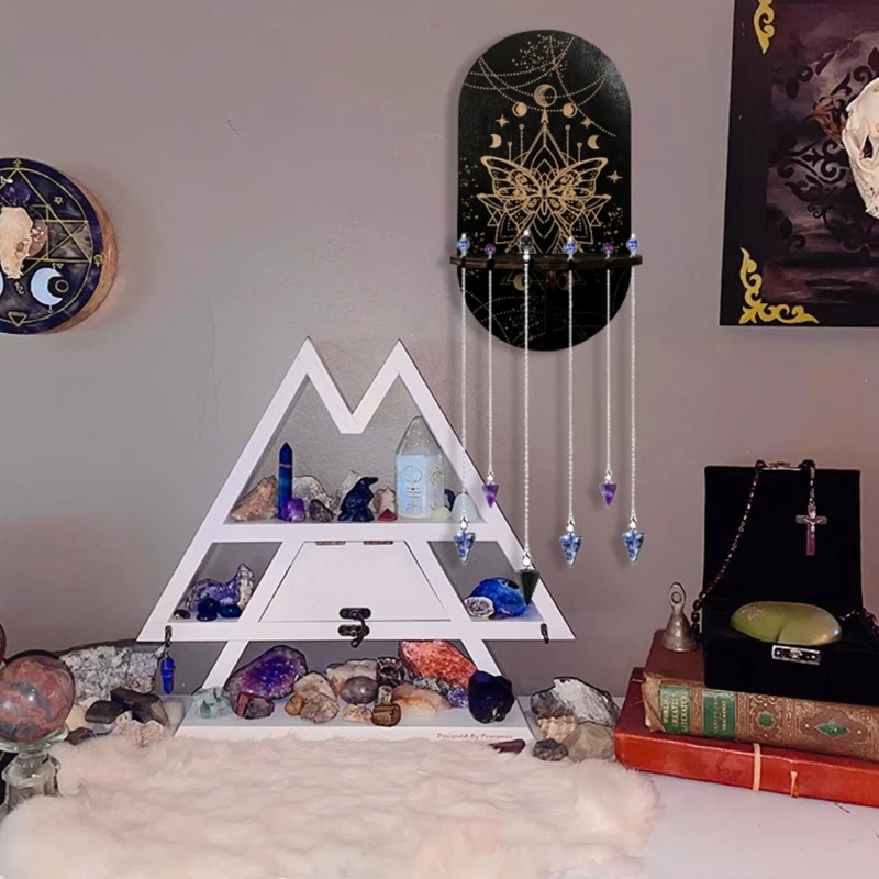 

Black Crystal Display Stand Bohemian Hand Stand Witch Wooden Hanging Decorative Stand and Crystal Stone Shelving Wall Shelves