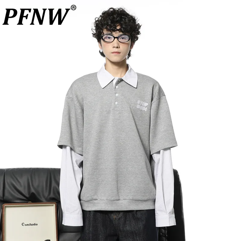 

PFNW Men's Sweatshirt Vintage Long Sleeve Collar Fake Two Pieces Spliced Letter Clothing Embroidery Loose Male Top 28W3921