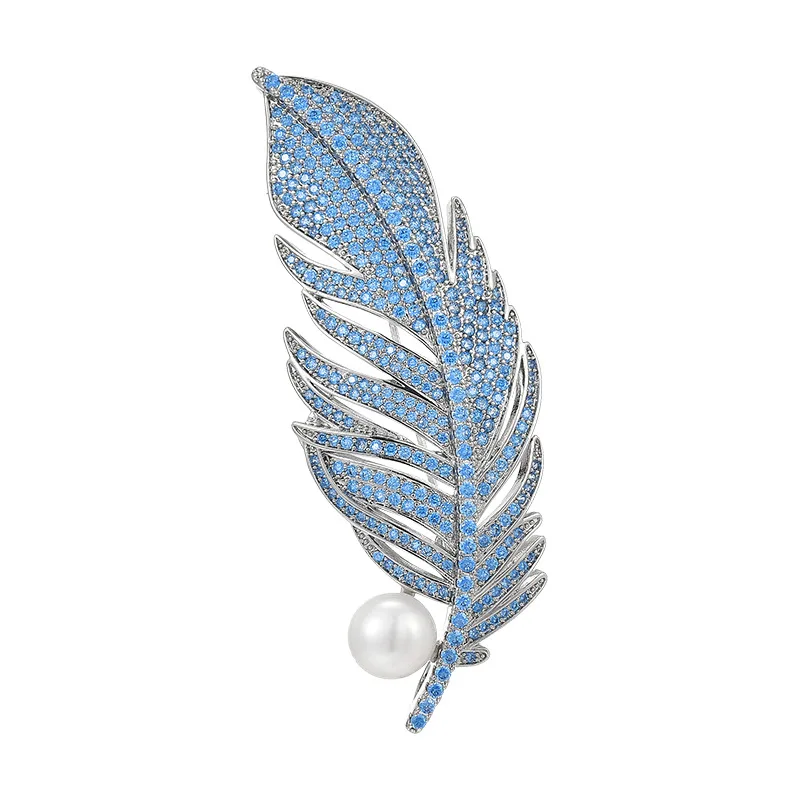 Elegant Fashion Blue Zirconium Freshwater Pearl Feather Brooches Ladies Temperament Corsage Coat Sweater Accessories Pin Broches