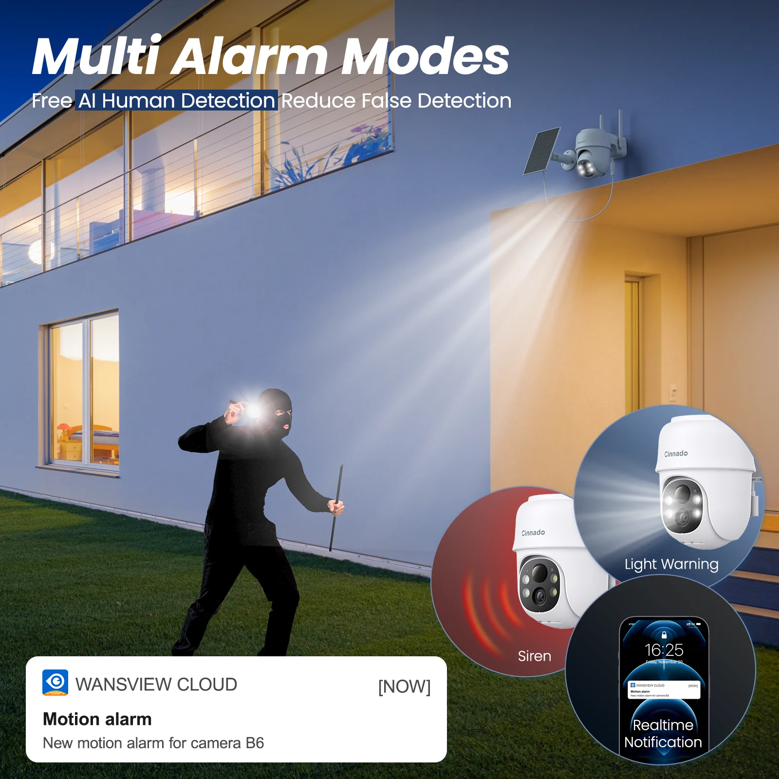 Cinnado 2K Solar/Battery Powered Cameras for 360&deg; Home Security, 2.4G WiFi Outdoor Camera Wireless, Human Detection