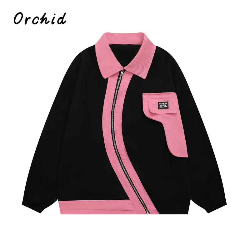 

2023 High Street Fashion Asymmetrical Contrast Color Patchwork Design Jacket Women American Oversized Simple Fashion Zipper Coat