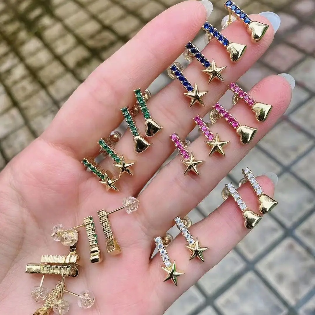 

5Pairs Rainbow Color Zircon Brass Micro pave Heart Star Stud Earrings Gold-color Cz Design for Women 2022 Gift