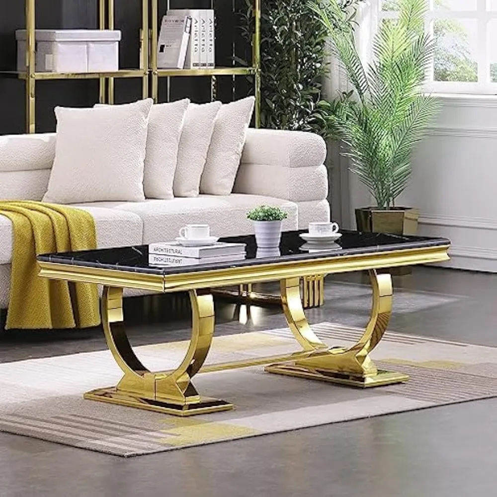 Gold Coffee Table for Living Room,48" Black Rectangle Living Room Table with Gorgeous Gold Double U-Base,Luxury Coffee Table 4