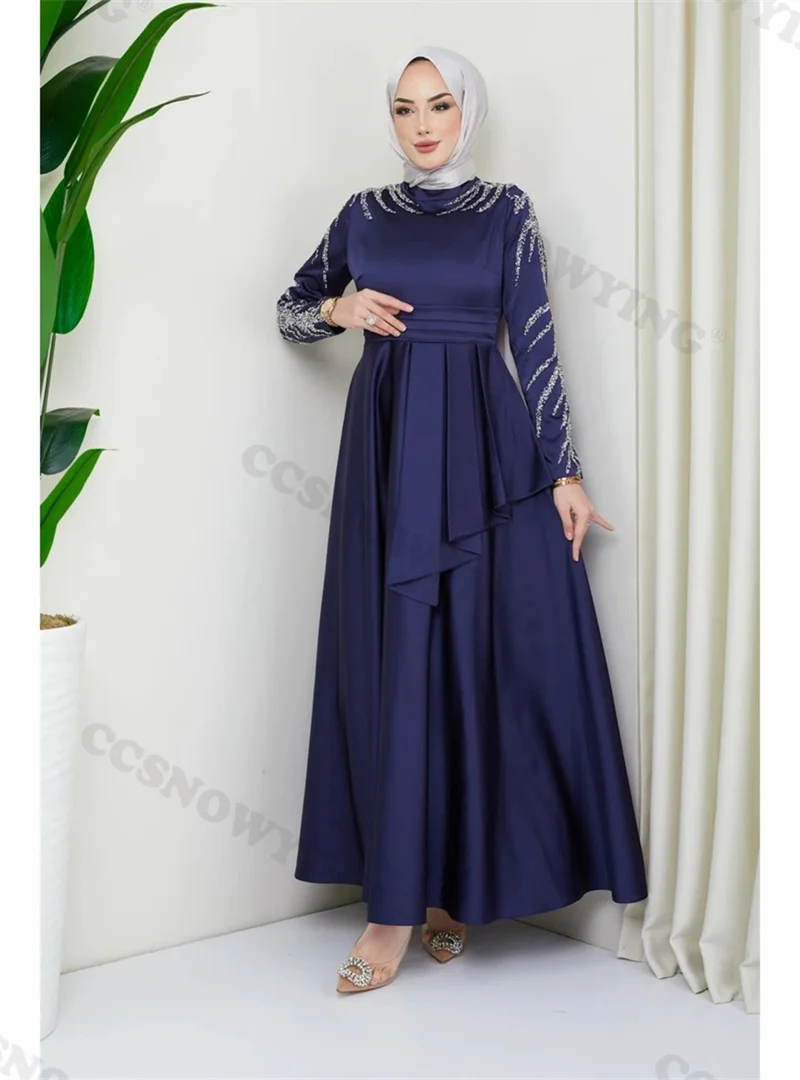 

Simple Brand new Appliques Satin Long Sleeve High Neck Evening Dresses Prom Dres Arabic Dubai Kaftans