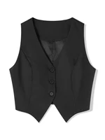 Mode femme noir gilets sans manches décontracté col en V bouton gilet formel affaires smoking chemise coupe ajustée recadrée Blazer gilets 1