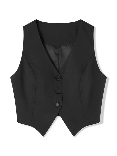 Mode femme noir gilets sans manches décontracté col en V bouton gilet formel affaires smoking chemise coupe ajustée recadrée Blazer gilets 1