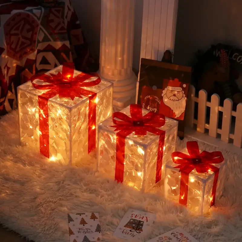 Christmas Glowing Gift Box Ornaments With Bow Warm White LED Light Box New Year Party Indoor Outdoor Home Xmas Tree Decoration