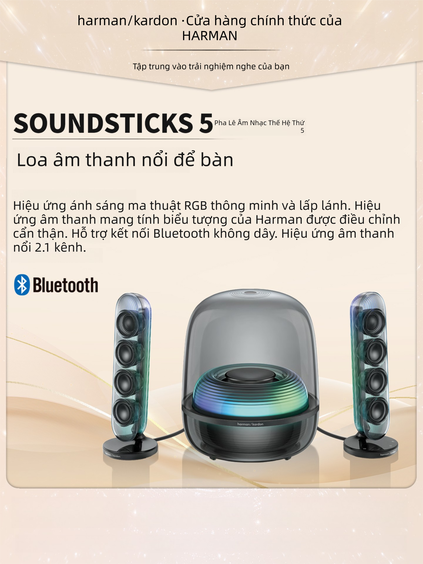 Harman Kardon | Loa Bluetooth Soundsticks 5 Crystal, thế hệ thứ 5, màu đen, tích hợp loa siêu trầm, hệ thống loa 2.1.
