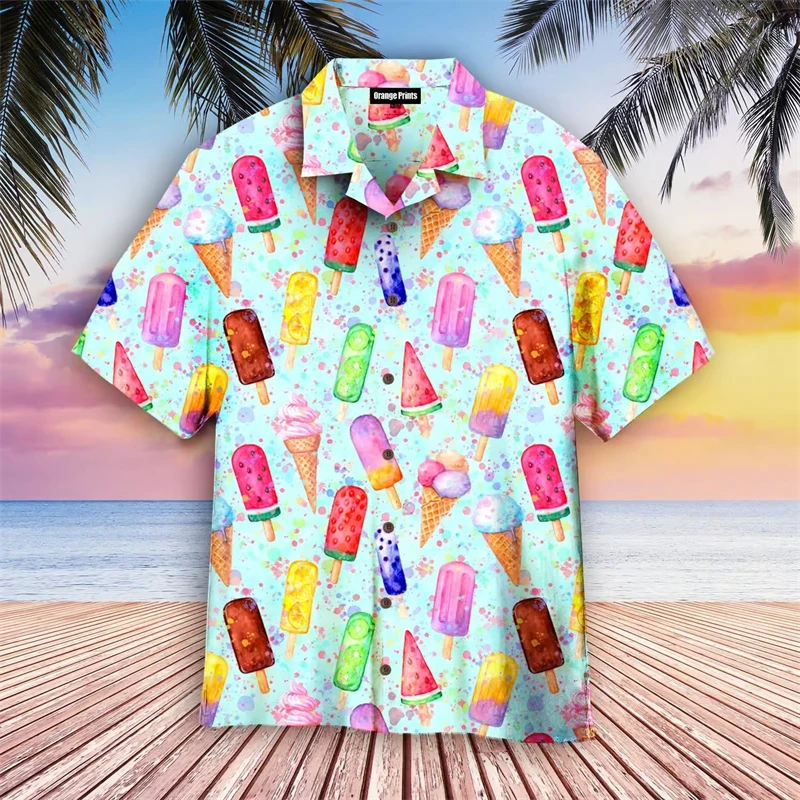 Summer Ice-cream Mens Holiday Lapel Camisa Oversized Hawaiian Shirts 3d Print Fashion Men Women Beach Funny Blouse Tops Clothing 3