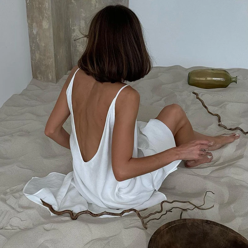 HiLoc Loose White Long Dress Robe V Neck Dresses Sleeveless Straight Robes...