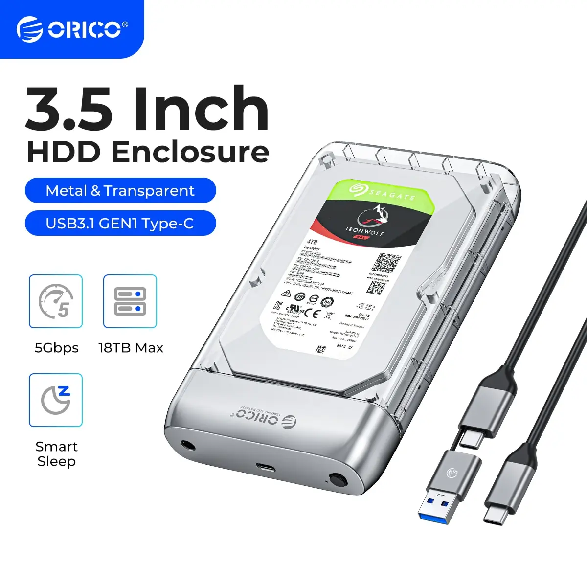 Orico-transparente Tipo-c Gabinete de Disco Rígido Metal Hdd Case Suporte Auto Dormir 3.5 5gbps Fit para pc Laptop Notebook