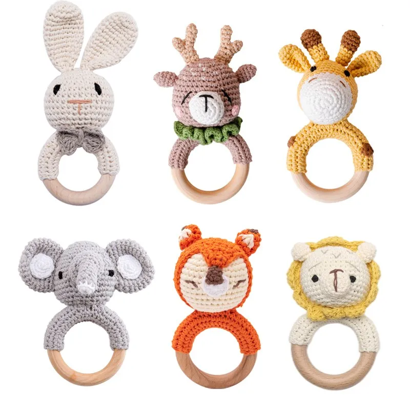 

1pc Baby Teether Music Rattles for Kids Animal Crochet Rattle Elephant Giraffe Ring Wooden Babies Gym Montessori Children's Toys