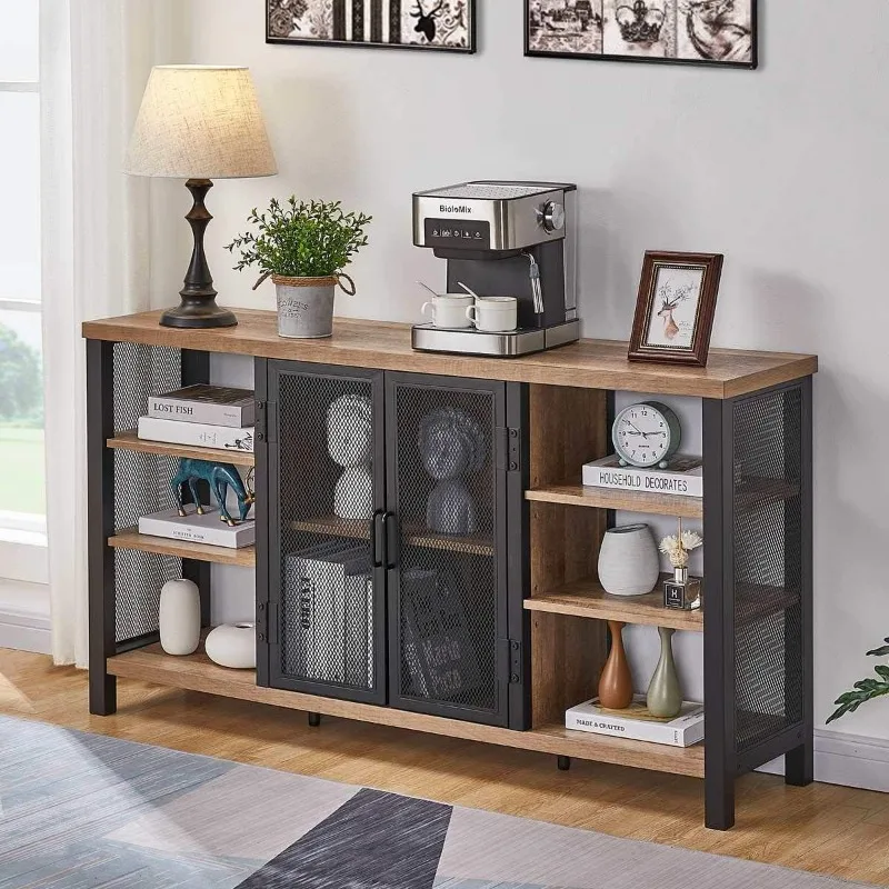 Industrial Wine Bar Cabinet for Liquor and Glasses, Farmhouse Wood Coffee Cabinet with Wine Rack, Metal Sideboard and Buffet