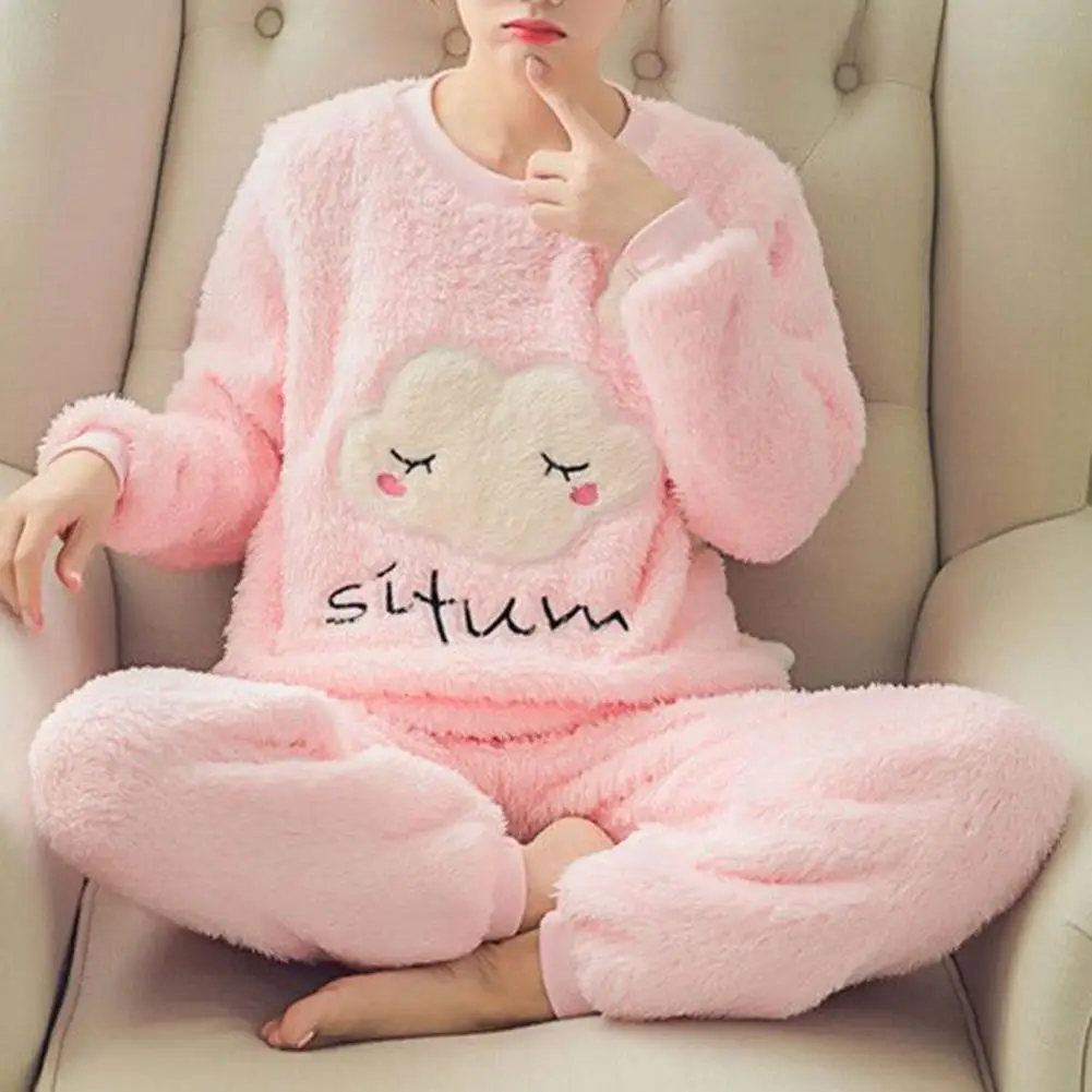 

Crew Neck Pajamas Cozy Winter Pajama Set Striped Color Matching Cartoon Print Thickened Coral Fleece Soft Round Neck for Women