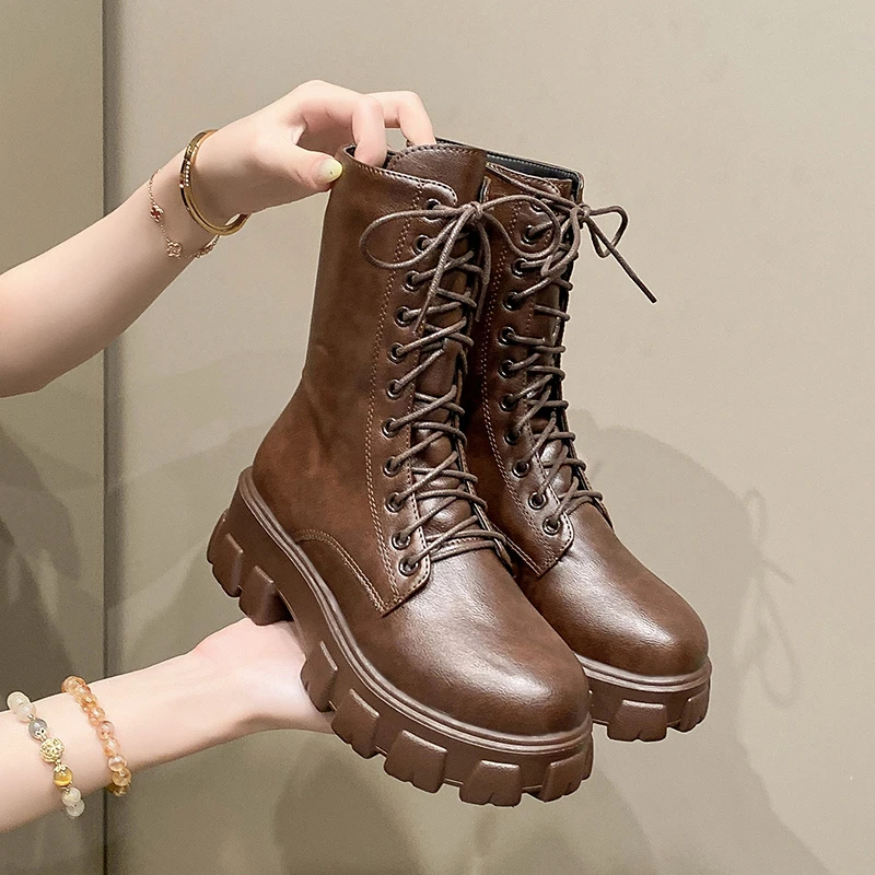 Aphixta Platform Women Modern Boots 5cm Square Heel Narrow Band Zipper Woman Shoes Round Toe Brown Big Size 43 Ankle Boot