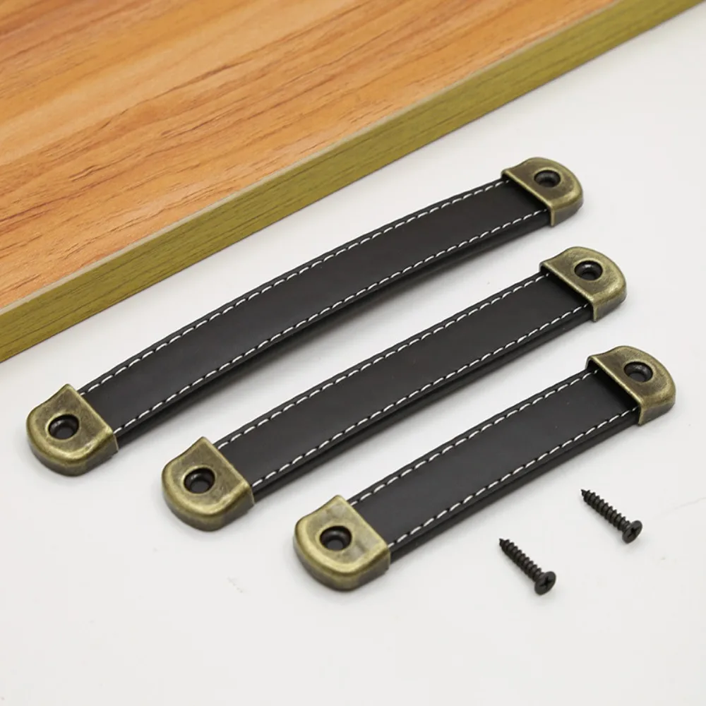 Leather Handle Vintage Zinc Alloy Square Cabinet Pulls Soft 96/128/160mm Drawer Handle Cabinet With Screws