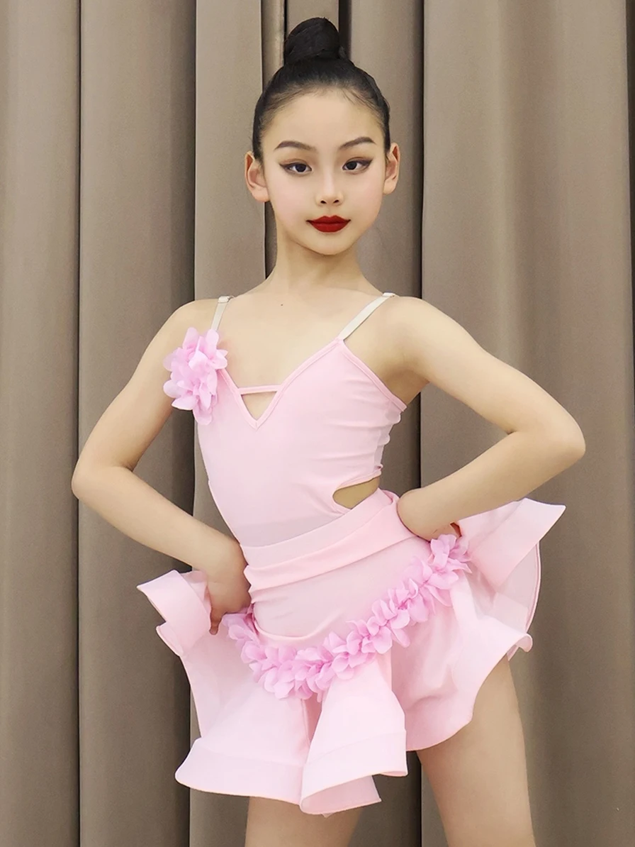 

Fairy Pink Flower Latin Dance Costume Girls Perofrmance Clothes Summer Suspender Suit Kids Latin Competition Dresses DNV19677