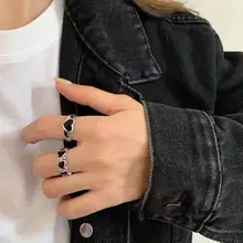  Retro Heart Rings for Women Adjustable Distressed Black Heart Chain Ring Index Finger Ring Fashion Jewelry Accessories Ins Gift 