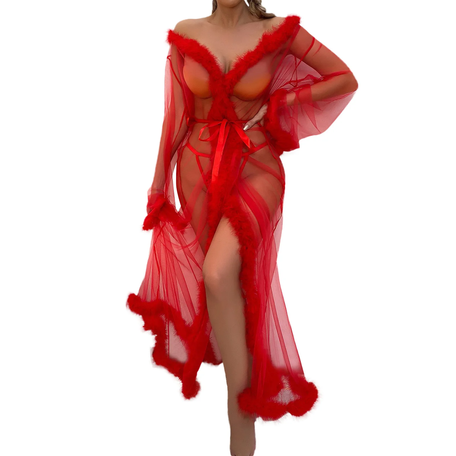 Women Sleepwear Bride Robes Silk Robe Sleepwear Pajamas Mesh Sheer Long Kimono Robe Sexy Women Transparent Lingerie Furry Bathrobe Nightgown Lace Plus Size Bridal Sleepwear Fur Dress