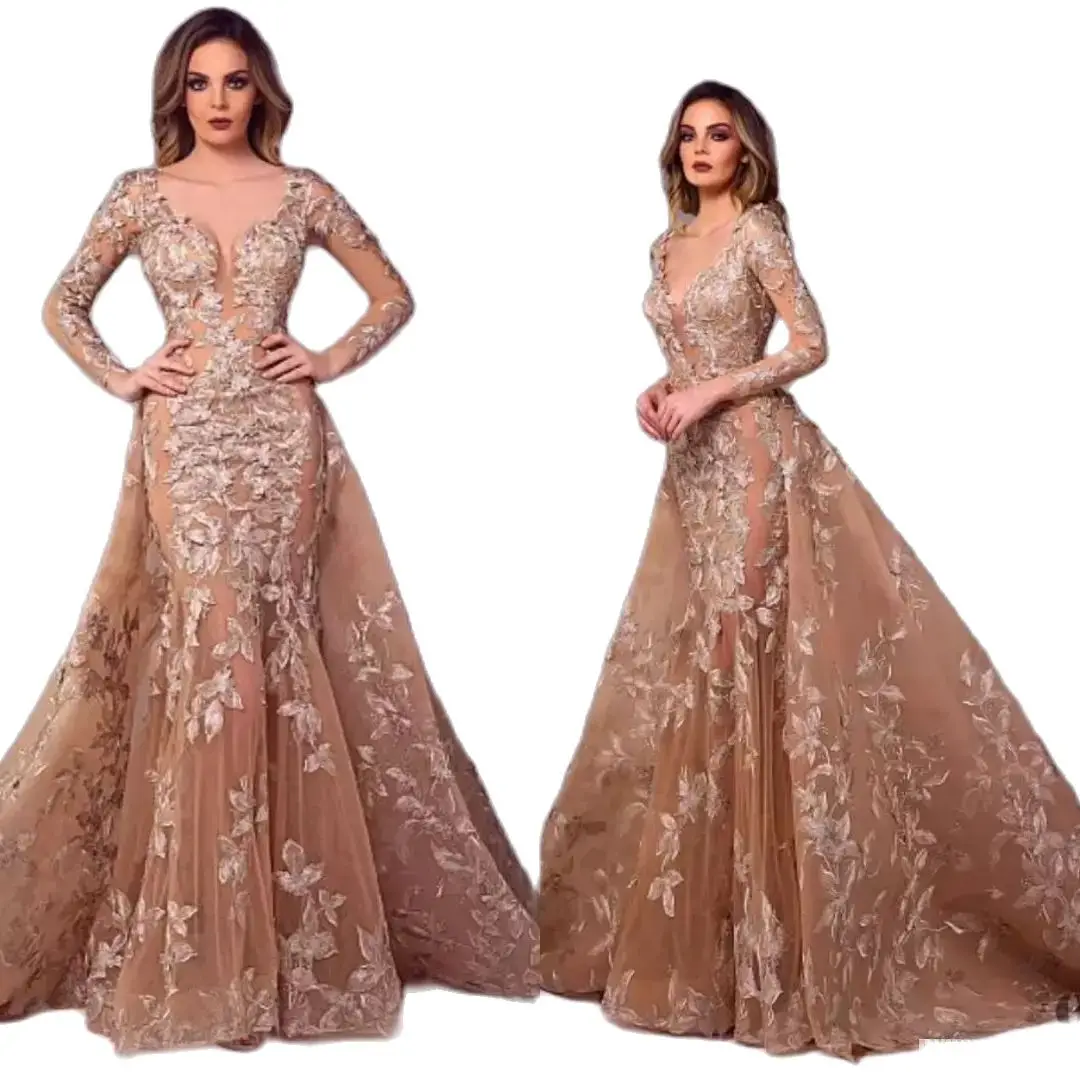 

Champagne Evening Dresses With Detachable Skirt V Neck Sweep Train Long Sleeve Prom Dress Lace Applique Illusion Formal Gowns