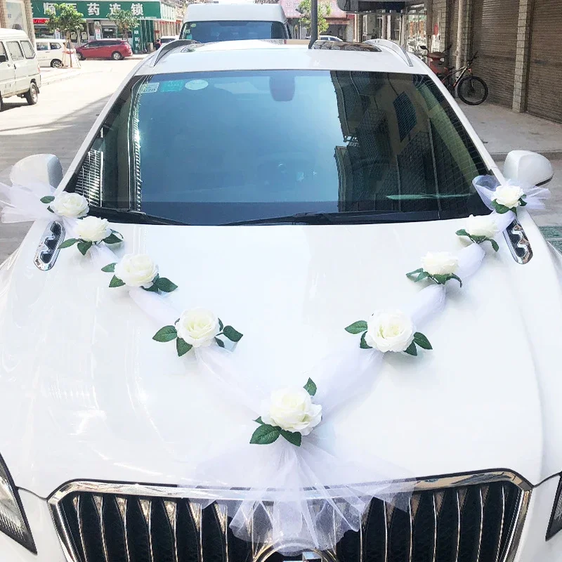 

Artificial Rose Wedding Car Decoration DIY Mirror Handle Flowers Set Car Door Handle Flower With Ribbon Wedding Party Decor