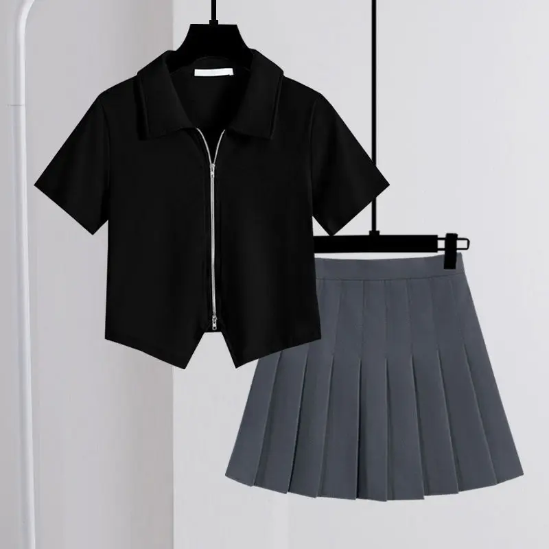 Summer fashion polo collar design with double zipper T-shirt slim fit short sleeved top and pleated skirt two-piece set